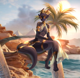 3_toes ankh ankh_choker anthro barefoot big_tail black_body black_scales blue_gem breasts claws clothing collar desert egyptian_architecture feet female gem gold_(metal) gold_jewelry grey_body grey_scales horn jewelry medium_breasts palm_tree plant river rock scales sitting sky skyscape solo tail thick_thighs toe_claws toes tree under_boob water white_clothing yellow_eyes hattikey egyptian_mythology middle_eastern_mythology mythology cleo_(illustriousgrave) kobold scalie absurd_res hi_res