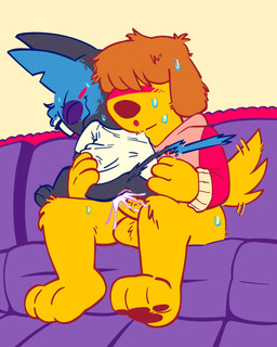 anal anal_penetration anthro anus balls blush bodily_fluids bottomless bottomless_anthro clothed clothing cum cum_in_ass cum_inside dominant duo ejaculation fur genital_fluids genitals grey_body grey_fur hoodie humanoid_genitalia humanoid_penis larger_dom larger_male male male/male partially_clothed penetration penis sex shirt sitting size_difference smaller_male sweat sweatdrop tail tail_motion tailwag topwear yellow_body yellow_fur sexylinguini hello_from_halo_head achilles_(hello_from_halo_head) pepper_(batshaped) canid canine canis domestic_cat domestic_dog felid feline felis mammal 4:5 hi_res