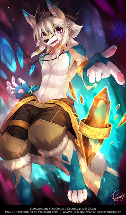 4_toes anthro barefoot blue_body blue_fur blurred_background bottomwear brown_bottomwear brown_clothing brown_pants claws clothed clothing eyewear feet front_view fur glasses glistening glistening_eyes hair jewelry looking_at_viewer male multicolored_body multicolored_fur necklace pants pawpads paws pink_pawpads rectangular_glasses red_eyes solo tan_body tan_fur tan_hair text toes topless white_body white_fur penguinexperience canid canine fox mammal english_text signature url