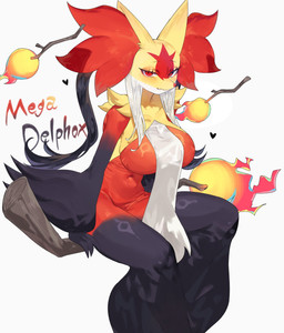 :3 anthro big_breasts black_body black_fur breasts broom broom_riding cleaning_tool clothing dress female fire fur half-closed_eyes inner_ear_fluff looking_at_viewer narrowed_eyes navel orange_body orange_fur purple_body purple_fur red_body red_eyes red_fur simple_background sitting smile solo stick text tuft white_background white_body white_fur yellow_body yellow_fur togetoge nintendo pokemon pokemon_legends_z-a generation_9_pokemon mega_delphox mega_evolution pokemon_(species) 2025 character_name hi_res portrait three-quarter_portrait