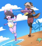 absurd_res anthro asterozoan black_hair bottomwear canid canine canis cassiopeia_zephyrine chase clothing cloud domestic_dog duo echinoderm female galaxy_stars hair hi_res lace_swimsuit light_tan_hair male mammal marine navel pucco red_eyes sea shane_boder_(shaneandco) short_tail shorts slightly_chubby slim space_badger starfish summer_fun tail toy toy_gun water water_gun