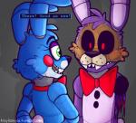 animatronic anthro bow_(feature) bow_tie duo five_nights_at_freddy's five_nights_at_freddy's_2 glowing glowing_eyes green_eyes lagomorph leporid machine male mammal rabbit red_eyes robot scottgames simple_background teeth toy-bonnie toy_bonnie_(fnaf) withered_bonnie_(fnaf)