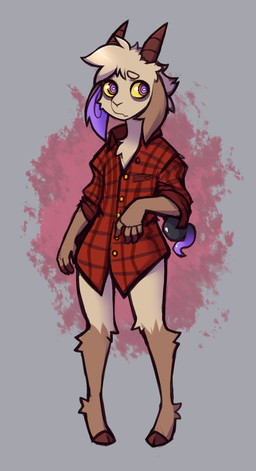 5_fingers ambiguous_gender anthro biped bottomless bottomless_ambiguous bottomless_anthro brown_body brown_fur brown_hair clothed clothed_ambiguous clothed_anthro clothing cloven_hooves fingers front_view fur hair hooves horn looking_aside partially_clothed partially_clothed_ambiguous partially_clothed_anthro purple_eyes simple_background solo standing tentacles topwear topwear_only mewgle reed_(mewgle) bovid caprine goat mammal 2025 digital_drawing_(artwork) digital_media_(artwork) hi_res