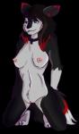 2017 alpha_channel anthro biped black_body black_fur blue_eyes breasts canid canine canis collar digital_media_(artwork) dipstick_tail female fur genitals hair hi_res highlights_(coloring) hindpaw kneeling looking_down mammal markings multicolored_tail nipples nude paws pussy red_body red_fur red_highlights rose_softpaws slave solo tail tail_markings wolf