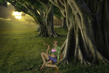 3_toes anthro arm_support barefoot biped blue_eyes bottomwear breasts claws clothing cloud colored_nails detailed_background feet female forest grass holding_tail looking_at_viewer nails nature non-mammal_breasts outside plant sharp_teeth sitting skirt sky smile solo stripes sun sunset tail teeth toes tree predaguy third-party_edit dinosaur dromaeosaurid prehistoric_species reptile scalie theropod velociraptor 3:2 hi_res photo_manipulation