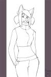 anthro clothed clothing female horn laugh looking_at_viewer smile solo standing grungecandy canid canine hybrid mammal 2:3 2d_animation animated greyscale monochrome short_playtime