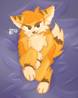 anthro brown_body brown_eyebrows brown_eyes brown_fur brown_stripes ear_stripes eyebrows female fur hair looking_at_viewer narrowed_eyes orange_body orange_fur orange_hair purple_background simple_background smile smirk solo stripes esti esti_(esti) canid canine fox mammal 2026 hi_res