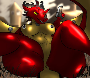 anthro anus bent_legs big_butt breasts butt female genitals gun horn legs_up membrane_(anatomy) membranous_wings multiple_piercings nipples nude piercing ranged_weapon red_body scales simple_background sitting sitting_on_ground solo solo_focus spread_legs spreading tail vulva weapon wings spicyscaliearts european_mythology mythology nova_the_great_red_dragoness_(inferno) dragon mythological_creature mythological_scalie scalie western_dragon digital_media_(artwork) hi_res