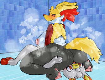 anthro big_breasts blonde_hair blush bodily_fluids breasts butt butt_sniffing duo facesitting female hair looking_at_another male male/female nipples pawpads paws pink_nipples sitting_on_another slightly_chubby smile sniffing steam steaming_body sweat sweatdrop sweaty_butt thick_thighs wakke nintendo pokemon delphox generation_6_pokemon generation_8_pokemon humanoid pokemon_(species) scorbunny hi_res