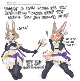 armwear aroused blush bottomwear clothed clothing duo ears_up elbow_gloves embarrassed erection female ftg_transformation fti_transformation gender_transformation genitals gloves gynomorph hair handwear intersex legwear looking_at_viewer magic_wand navel open_mouth penis q&a short_hair simple_background skimpy skirt spell_gone_wrong stockings text transformation white_background sweetburn sweets_remivas_(sweetburn) animal_humanoid humanoid lagomorph lagomorph_humanoid leporid_humanoid mammal mammal_humanoid rabbit_humanoid 2024 dated english_text hi_res