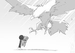 ambiguous_gender backpack claws duo eyes_closed feathered_wings feathers feral flying walking wings conditional_dnp jollyjack accipitrid accipitriform avian bird denizen eagle humanoid shadow_creature 2024 greyscale monochrome