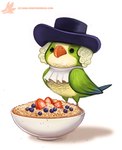 2016 avian beady_eyes bird black_eyes blue_body blue_feathers blueberry_(fruit) bowl clothing container detailed detailed_food digital_media_(artwork) digital_painting_(artwork) feathered_wings feathers feral food fruit green_body green_feathers hair hat headgear headwear humor male monk_parakeet neotropical_parrot oatmeal parakeet parrot piper_thibodeau plant pun quaker_oats solo strawberry text true_parrot url white_hair wings yellow_body yellow_feathers