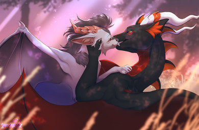 2_horns anthro bat_wings black_body black_hair black_scales cheek_tuft claws duo eye_contact face_to_face facial_tuft female feral fluffy forest french_kissing fur grass hair happy head_horn holding_face horn hug kissing licking licking_tongue light light_beam looking_at_another love male male/female markings membrane_(anatomy) membranous_wings nature open_mouth orange_horn outside plant red_body red_markings red_underbelly romantic romantic_couple scales smile sunbeam sunlight sunset tongue tongue_out touching_face touching_tongue tree tuft white_body white_fur white_horn wings yellow_eyes shyryp mythology mirai_toshiro shaenarys dragon furred_dragon furred_scalie mammal mythological_creature mythological_scalie scalie absurd_res digital_media_(artwork) hi_res signature