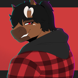 anthro brown_body brown_fur clothed clothing cocky dotted_background ear_piercing ear_ring fur hair highlights_(coloring) hoodie looking_at_viewer male open_mouth pattern_background pattern_clothing pattern_topwear piercing plaid plaid_clothing plaid_topwear ponytail red_eyes ring_piercing shirt simple_background smile solo teeth topwear white_body white_highlights lobokosmico kane_(lobokosmico) equid equine horse mammal 1:1 absurd_res digital_drawing_(artwork) digital_media_(artwork) hi_res