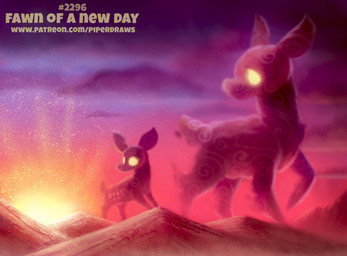 ambiguous_gender cloud duo feral glowing glowing_eyes humor mountain outside pun sky sun sunrise text yellow_eyes young piper_thibodeau deer mammal digital_media_(artwork) digital_painting_(artwork) painting_(artwork) url