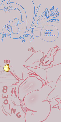 anthro antlers armor big_butt butt butt_smack curvy_figure duo explosion female grey_background horn huge_butt melee_weapon simple_background sword text thick_thighs weapon wide_hips 4chan_anon unknown_artist deltarune undertale_(series) roaring_knight susie_(deltarune) deer mammal shadow_creature 2025 digital_media_(artwork) hi_res sketch