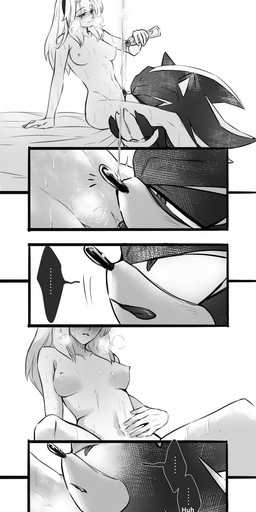 anthro bangs bed_sheet bedding black_body black_fur black_nose blush blush_lines bodily_fluids breasts breath clitoral clitoral_hood clitoris cunnilingus dripping duo ellipsis erect_nipples eyebrows eyes_closed fangs female female_human female_on_anthro food fur genital_fluids genitals hair half-closed_eyes honey_(food) human_on_anthro humanoid_genitalia humanoid_hands interspecies leaning leaning_backward leg_grab licking licking_lips lips long_hair looking_at_another male male/female male_anthro male_on_human narrowed_eyes nipples nude nude_female oral parted_bangs pouring pouring_liquid pouring_onto_self sex simple_background sitting spread_legs spreading sweat sweatdrop teeth text thigh_grab tongue tongue_out vaginal vaginal_fluids vial vulva white_background dali6006 sega sonic_the_hedgehog_(series) maria_robotnik shadow_the_hedgehog eulipotyphlan hedgehog human mammal absurd_res black_and_white comic hi_res monochrome