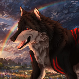 ambiguous_feral ambiguous_gender black_body black_fur cheek_tuft chest_tuft cloud day facial_tuft fangs feral fur grass markings meadow neck_tuft open_mouth orange_eyes pink_tongue plant rainbow red_markings solo striped_back teeth tongue tree tuft white_body white_fur msdeadsoul canid canine mammal 1:1 hi_res