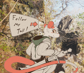 anthro armor blush clothed clothing dialogue directional_arrow female fur gloves handwear hood looking_back melee_weapon pauldron photo_background plant red_eyes rock sheathed_sword sky smile solo speech_bubble sword tail tail_wraps text tree weapon whiskers white_body white_fur wraps gompami mammal murid murine rat rodent 2026 english_text hi_res mixed_media photography_(artwork)