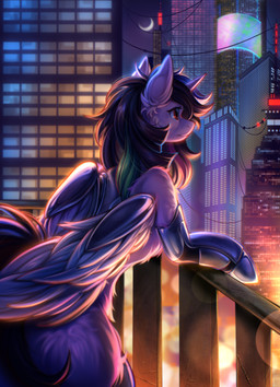brown_hair city cybernetic_limb cybernetics feathered_wings feathers female feral fluffy hair horn long_hair machine moon multicolored_hair neon_lights night night_city pink_body red_eyes solo wings bakas0baka hasbro my_little_pony mythology equid equine horse mammal mythological_creature mythological_equine pony winged_unicorn absurd_res hi_res