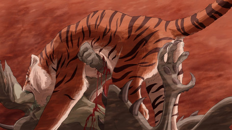ajir ambiguous_gender attack blood bodily_fluids colored_blood duo feet feral gore green_blood killing rear_view spikes talons throat_biting toes unusual_blood unusual_bodily_fluids blackrazorbill animorphs jake_berenson alien felid hork-bajir mammal pantherine siberian_tiger tiger 16:9 widescreen