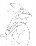 anthro armor back_boob belt big_breasts big_butt bottomless bracers breasts butt clothed clothing crop_top ear_piercing female fur half-closed_eyes looking_back melee_weapon narrowed_eyes nipple_outline notched_ear piercing rear_view shirt simple_background sleeveless_clothing smile solo standing sword tank_top thick_thighs topwear weapon whiskers white_background wide_hips zokva daystone kocia_pierdocia domestic_cat felid feline felis mammal 2018 black_and_white monochrome sketch