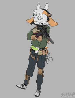 anthro balls bottomwear bottomwear_down clothed clothed_male clothing electronics footwear fur genitals green_clothing green_hoodie green_penis green_topwear grey_background grey_balls grey_body grey_bottomwear grey_clothing grey_footwear grey_fur grey_pants grey_shoes gun headphones holding_gun holding_object holding_ranged_weapon holding_rifle holding_weapon hoodie humanoid_genitalia humanoid_penis male military military_uniform multicolored_body multicolored_fur one_eye_closed open_mouth open_smile orange_body orange_fur pants pants_down partially_clothed penis ranged_weapon rifle shoes simple_background smile soldier solo topwear two_tone_body two_tone_fur uniform warrior weapon wink bravobunny bovid caprine goat mammal hi_res