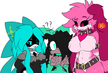 anthro big_breasts black_body black_fur blue_eyes blue_hair bow_ribbon breasts brown_body brown_fur clothed clothing female fur green_eyes group hair headgear headwear machine question_mark red_eyes scar screen_eyes text trio white_body xxseraphimphobiaxx glitch_productions mob_entertainment murder_drones poppy_playtime smiling_critters sonic.exe_(creepypasta) artist_self-insert fan_character sn_(xxseraphimphobiaxx) android animal_humanoid canid canid_humanoid canine canine_humanoid dog_humanoid eulipotyphlan hedgehog humanoid mammal mammal_humanoid robot robot_humanoid worker_drone absurd_res alpha_channel character_name character_request crossover hi_res model_sheet