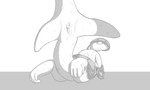 anthro bodily_fluids breasts digitigrade female fin fish_tail genitals gills looking_at_viewer nude raised_tail rear_view shell simple_background solo tail tail_fin psychpsyo bivalve marine mollusk oyster 2022 digital_drawing_(artwork) digital_media_(artwork) greyscale monochrome