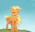 blonde_hair cloud cutie_mark eyelashes eyes_closed female feral freckles fur grass hair long_hair orange_body orange_fur outside plant simple_background sky smile solo akeahi szafir87 friendship_is_magic hasbro my_little_pony applejack_(mlp) earth_pony equid equine horse mammal pony 2016 animated short_playtime