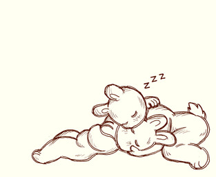 4_fingers ambiguous_gender anthro breasts chibi duo female fingers hug lying scut_tail short_tail simple_background sleeping snoring sound_effects tail vowelless vowelless_sound_effect zzz bonnie_guerra lagomorph leporid mammal rabbit hi_res monochrome
