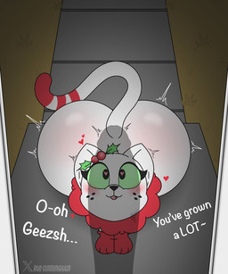 anthro big_butt big_penis black_nose butt cartoon_freckles dialogue dipstick_tail doorstep duo eyeshadow female female_feral female_focus feral fur genitals green_sclera hair heart_eyes heart_symbol holly_(plant) huge_butt huge_penis leg_markings makeup male markings motion_lines offscreen_character penis plant red_markings red_tail_tip socks_(marking) solo_focus tail tail_markings text white_body white_fur white_tail rue_cunningham junipurr domestic_cat felid feline felis mammal 2024 5:6 digital_media_(artwork) english_text hi_res