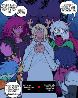 anthro armor blonde_hair blue_body blue_hair brown_body brown_fur clothing door dress eyewear female fur glasses group hair horn male outside purple_body purple_hair scarf speech_bubble text white_clothing white_dress heartbreak_juan deltarune undertale_(series) berdly kris_dreemurr noelle_holiday ralsei susie_(deltarune) avian deer human mammal new_world_deer reindeer scalie 2026 hi_res
