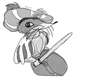 anthro armor bodily_fluids clothed clothing dripping genital_fluids genitals katzbalger_(sword) landsknecht looking_at_viewer male melee_weapon no_underwear partially_clothed penis precum precum_drip pubes solo sword thick_thighs weapon whiskers warprat canid canine fox mammal low_res monochrome