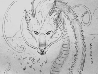 barbel_(anatomy) cloud feral fur horn looking_at_viewer male scales solo sun text water whiskers deashnat asian_mythology east_asian_mythology ghibli mythology spirited_away haku_(spirited_away) dragon eastern_dragon mythological_creature mythological_scalie scalie absurd_res english_text greyscale hi_res monochrome