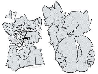 anthro anus backsack ball balls bodily_fluids butt cum cum_in_mouth cum_inside cum_on_face fur genital_fluids genitals grey_body grey_fur holding_butt leaking_cum looking_away looking_up male paws penis rear_view simple_background solo tail teeth tongue tongue_out rookspirit canid canine mammal hi_res monochrome screentone
