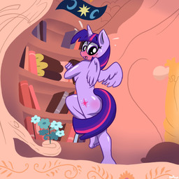 anthro blush bodily_fluids book bookshelf breasts butt covering covering_self cutie_mark female flower furniture hair horn library nude open_mouth plant purple_body purple_hair solo sweat tail wings theenfman friendship_is_magic hasbro my_little_pony mythology twilight_sparkle_(mlp) equid equine horse mammal mythological_creature mythological_equine pony winged_unicorn 1:1 hi_res