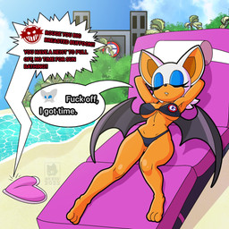 anthro armor bat_wings beach big_breasts big_ears black_clothing black_nose black_swimwear black_wings blue_eyeshadow breastplate breasts clothing dialogue eyelashes eyes_closed eyeshadow female front_view fur hands_behind_head lying makeup membrane_(anatomy) membranous_wings navel on_back orange_body orange_fur profanity sea solo speech_bubble swimwear text thick_thighs water white_body white_fur wide_hips wings skwid eggman_logo sega sonic_the_hedgehog_(series) rouge_the_bat bat mammal 1:1 english_text hi_res