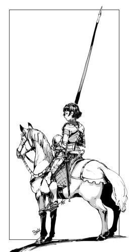 ambiguous_gender armor bridle chainmail cuirass duo female feral greaves headgear helmet knight lance lancer looking_aside looking_back melee_weapon pauldron plate_armor polearm rerebrace riding sabatons saddle shadow side_view simple_background spurs stirrups sword tack warrior weapon pirata equid equine horse human mammal cel_shading hi_res monochrome shaded signature