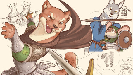 ambiguous_gender anthro armor cape clothed clothing dagger dodging fangs gauntlets gloves group halberd handwear headgear holding_object holding_weapon hood interrobang male medieval melee_weapon open_mouth polearm shield simple_background spear teeth text weapon dahecksajerry banners_of_ruin canid canine canis mammal mouse murid murine mustelid musteline rodent true_musteline weasel wolf english_text