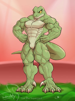 4_toes 5_fingers abs anthro big_muscles big_pecs featureless_crotch feet fingers green_body male muscular null_bulge pecs red_background simple_background solo standing toes vein veiny_muscles yellow_sclera waddledox gecko lizard reptile scalie 2026 absurd_res hi_res