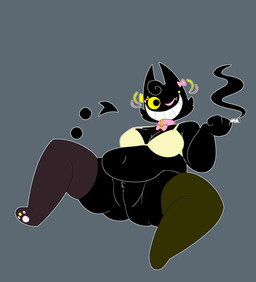 anthro bottomless bra cigarette cigarette_smoke clitoris clothed clothing collar female genitals heterochromia holding_cigarette holding_object legwear overweight overweight_female smoke solo spread_legs spreading thigh_highs topwear underwear vulva sugabunhun deltarune undertale_(series) friend_(deltarune) felid feline mammal absurd_res hi_res