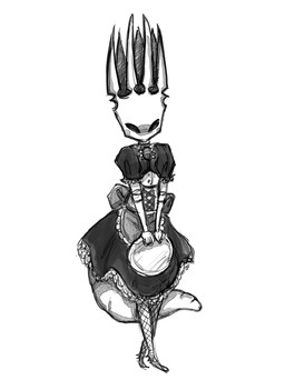 7_horns ambiguous_gender anthro apron black_clothing black_dress black_eyes blush bow_ribbon broach_(jewelry) clothed clothed_anthro clothing corset crossdressing crossdressing_male crossed_legs dress fishnet_clothing fishnet_leggings fishnet_legwear gloves grey_apron grey_clothing grey_ribbon handwear holding_object holding_serving_tray horn jewelry lace leggings legwear lingerie looking_at_viewer maid_uniform multi_horn necklace serving_tray simple_background solo standing tail thick_tail topwear uniform white_background white_body white_head white_tail dual-screens hollow_knight_(franchise) team_cherry pale_king_(hollow_knight) arthropod insect 2026 digital_media_(artwork) monochrome shaded sketch male_(lore)