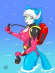 big_breasts blue_body blue_fur breasts cleavage clothed clothing diving_mask female fur mask regulator scuba scuba_gear scuba_tank solo wetsuit anthrokidnapper maya_(anthrokidnapper) canid canine fox mammal hi_res
