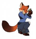 anthro biped clothing crossgender female green_eyes inner_ear_fluff kneeling looking_at_viewer mtf_crossgender police police_uniform solo tranquilizer tuft uniform iekun disney zootopia nick_wilde canid canine fox mammal red_fox true_fox hi_res