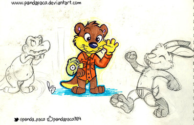 anthro bottomless brown_body brown_fur cheek_tuft closed_smile clothed clothing eyes_closed facial_tuft featureless_crotch fur gesture glistening glistening_eyes gloves_(marking) head_tuft leg_markings male male_anthro markings mouth_closed narrowed_eyes nude smile socks_(marking) solo standing text topless tuft walking waving whiskers yellow_body yellow_fur pandapaco dinosaur lagomorph leporid mammal mustelid otter prehistoric_species rabbit reptile scalie artist_name sketch sketch_page url
