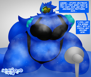 4_fingers anthro big_breasts big_butt blue_body blue_fur blue_hair blush blush_lines bodily_fluids breast_squish breasts butt claws clothed clothing cybernetics female fingers fur hair huge_breasts huge_butt long_tail looking_down machine musk musky_body musky_butt narrowed_eyes partially_clothed protogen_visor raised_clothing raised_shirt raised_topwear shirt speech_bubble squish sweat sweaty_body sweaty_breasts sweaty_butt sweaty_legs sweaty_thighs tail text thick_thighs topwear wide_hips yellow_eyes sokoyo_owo starry_(sokoyo_owo) canid canine cyborg mammal protogen hi_res