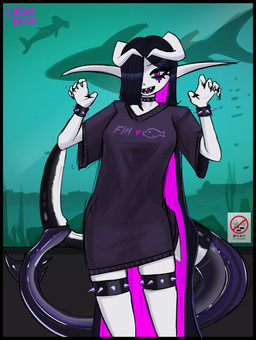 aquarium bracelet clothing collar facial_markings female hair head_markings horn jewelry latex latex_clothing long_hair long_nails markings not_furry oversized_clothing shark_tail sharp_teeth shirt solo spiked_bracelet spiked_collar spikes t-shirt teeth topwear vivarium creambeam nemogoraath_nyraleth elf humanoid absurd_res hi_res