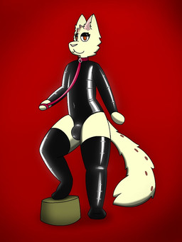 ambiguous_gender anthro bdsm bdsm_outfit big_bulge bulge clothing collar huge_bulge huge_thighs latex latex_clothing latex_legwear latex_skinsuit latex_thigh_highs leash leashed_collar legwear looking_at_viewer red_background red_eyes simple_background skinsuit solo submissive tail thick_thighs thigh_highs tight_clothing yellow_body pscapturas kim_(pscapturas) domestic_cat felid feline felis mammal trans_(lore) trans_woman_(lore)