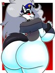 anthro big_breasts big_butt biped black_clothing black_gloves black_handwear bottomless bottomless_anthro bottomless_female breasts butt choker clothed clothing crop_top exposure_variation female fingerless_gloves fingers fur gloves gradient_background grey_body grey_clothing grey_crop_top grey_fur grey_hair grey_shirt grey_topwear hair handwear head_turned huge_breasts huge_butt humanoid_hands inner_ear_fluff jewelry logo long_hair looking_at_viewer looking_back necklace outline police police_hat rear_view red_sclera shirt side_boob simple_background smile smirk smug solo spiked_choker tail teeth text topwear tuft under_boob white_body white_eyes white_fur white_outline vash_art helluva_boss mythology loona_(helluva_boss) canid canid_demon canine demon hellhound mammal mythological_canine mythological_creature 2024 absurd_res artist_logo artist_name colored half-length_portrait hi_res portrait